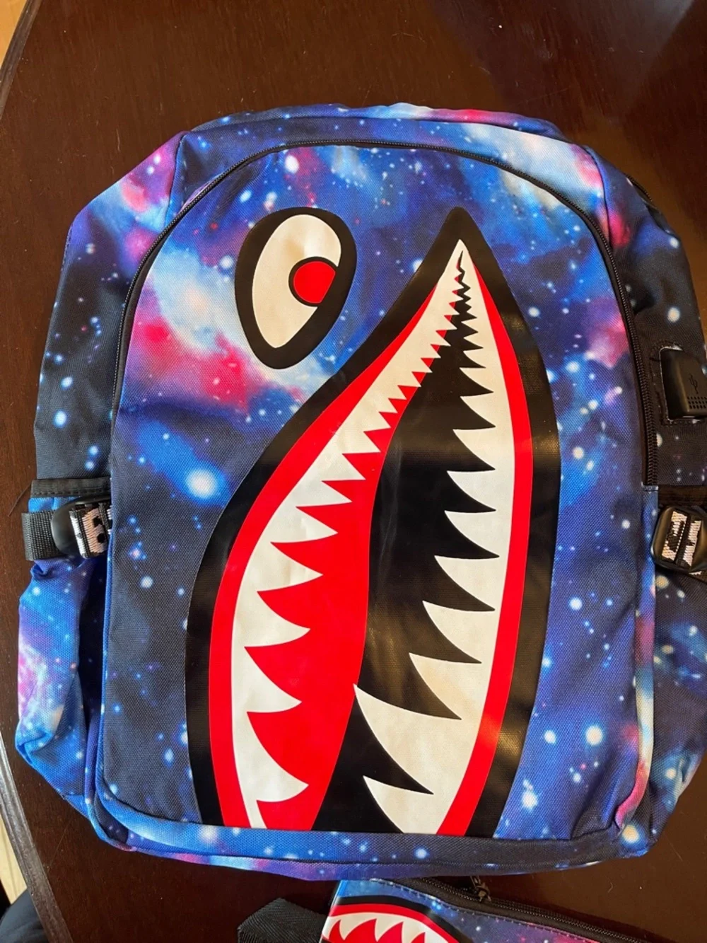 Shark Mouth Backpack Galaxy Print School Bag with Teeth Design USB port nwt